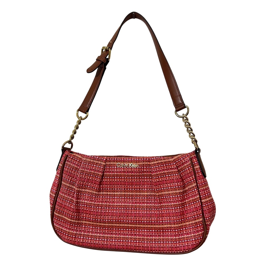 Calvin Klein Pink Woven Tweed Shoulder Bag Gold Chain Accent Preppy Designer